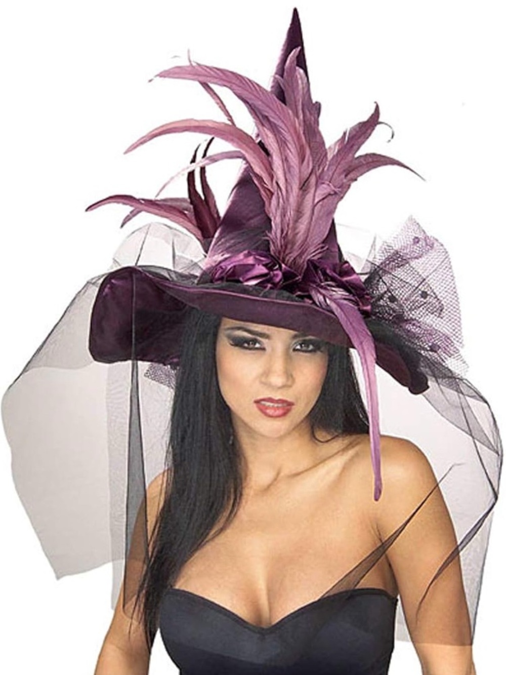 Women's Witch Hat with Feathers and Veil Halloween Costume